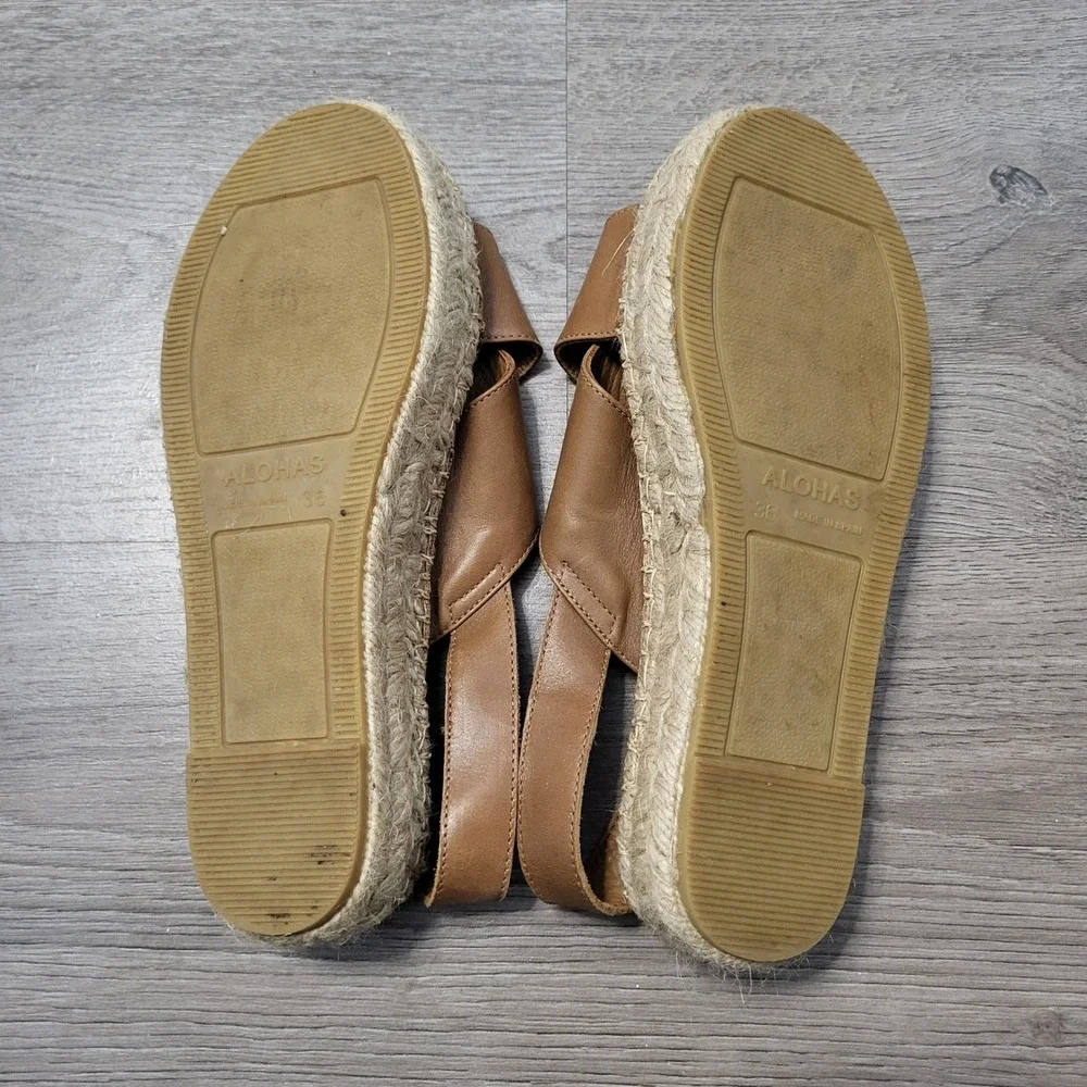 Alohas Tan Leather Crossed Platform Espadrille Sandals Brown Womens US 6 EU 36